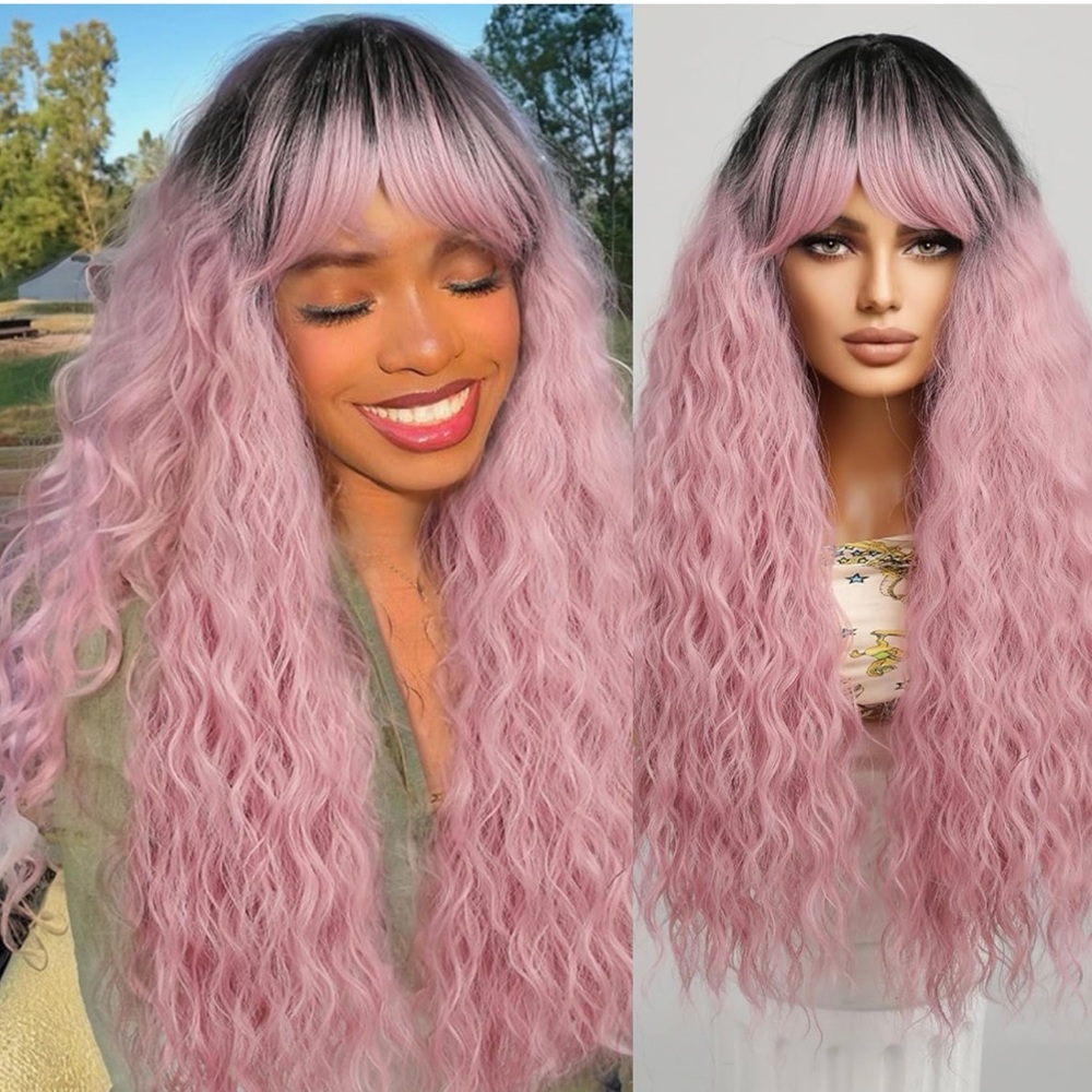 - Human hair blend Beautiful pink ombre curly wave wig